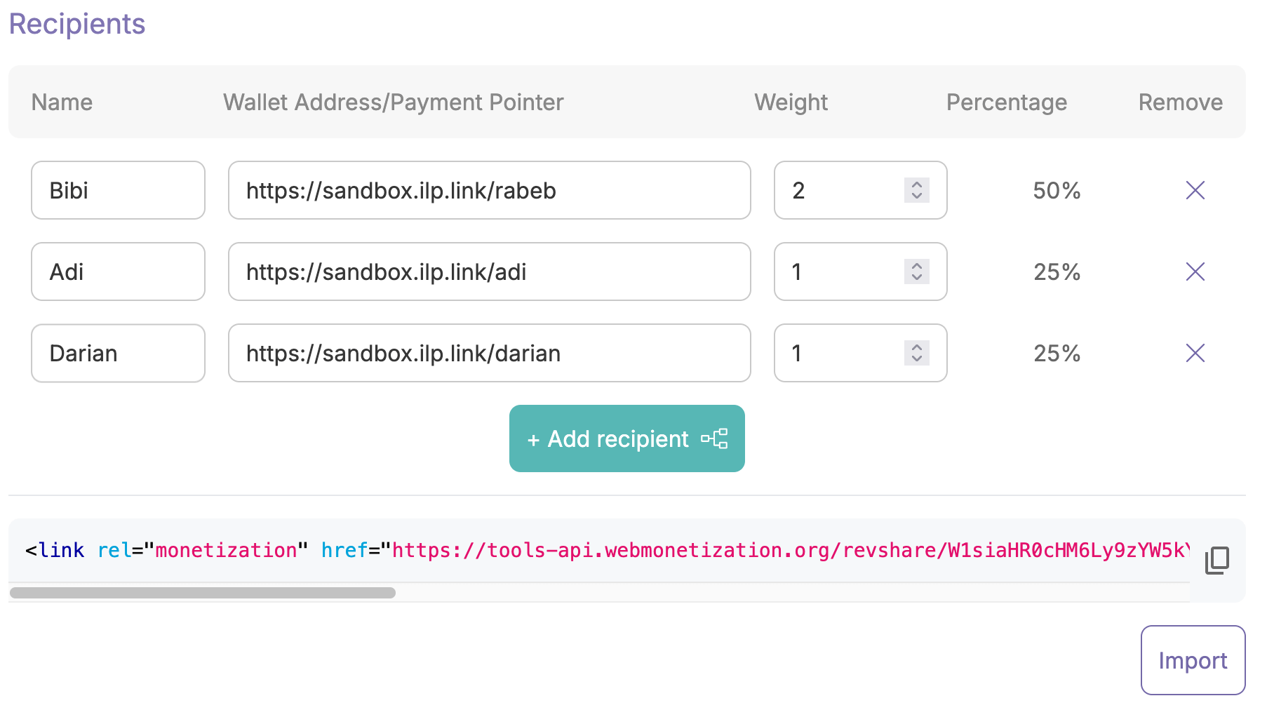Revshare generator with three wallet addresses, with weights 2, 1, and 1. The address with 2 will receive 50% of payments while the other addresses will each receive 25%.