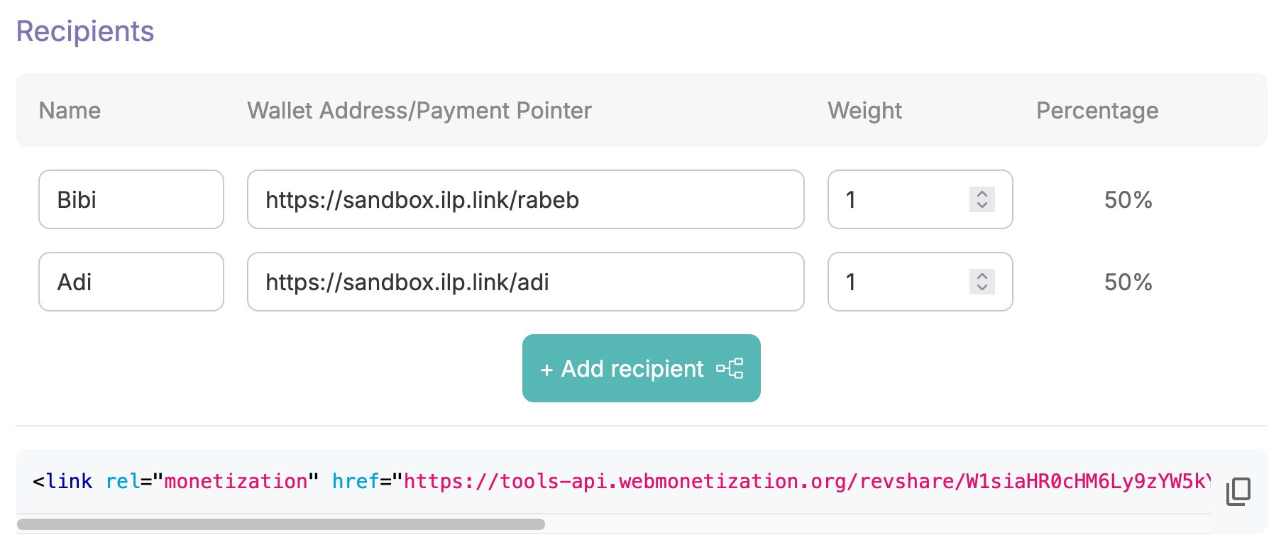 Revshare generator with two wallet addresses, each assigned a weight of 1, meaning each should receive 50% of payments